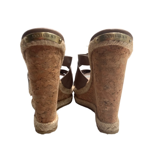 JIMMY CHOO | Brown Strappy Cork Leather & Raffia Wedge Sandals NIB Spain Sz 7.5 - Picture 8 of 15